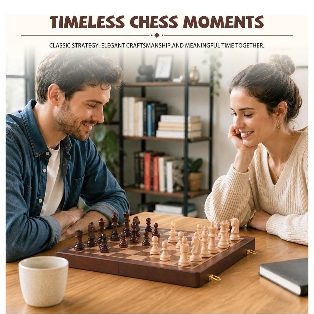Soban's 17in Walnut Wooden Chess Set Folding Board 2 Extra Queens 3.5in King - Picture 2 of 7